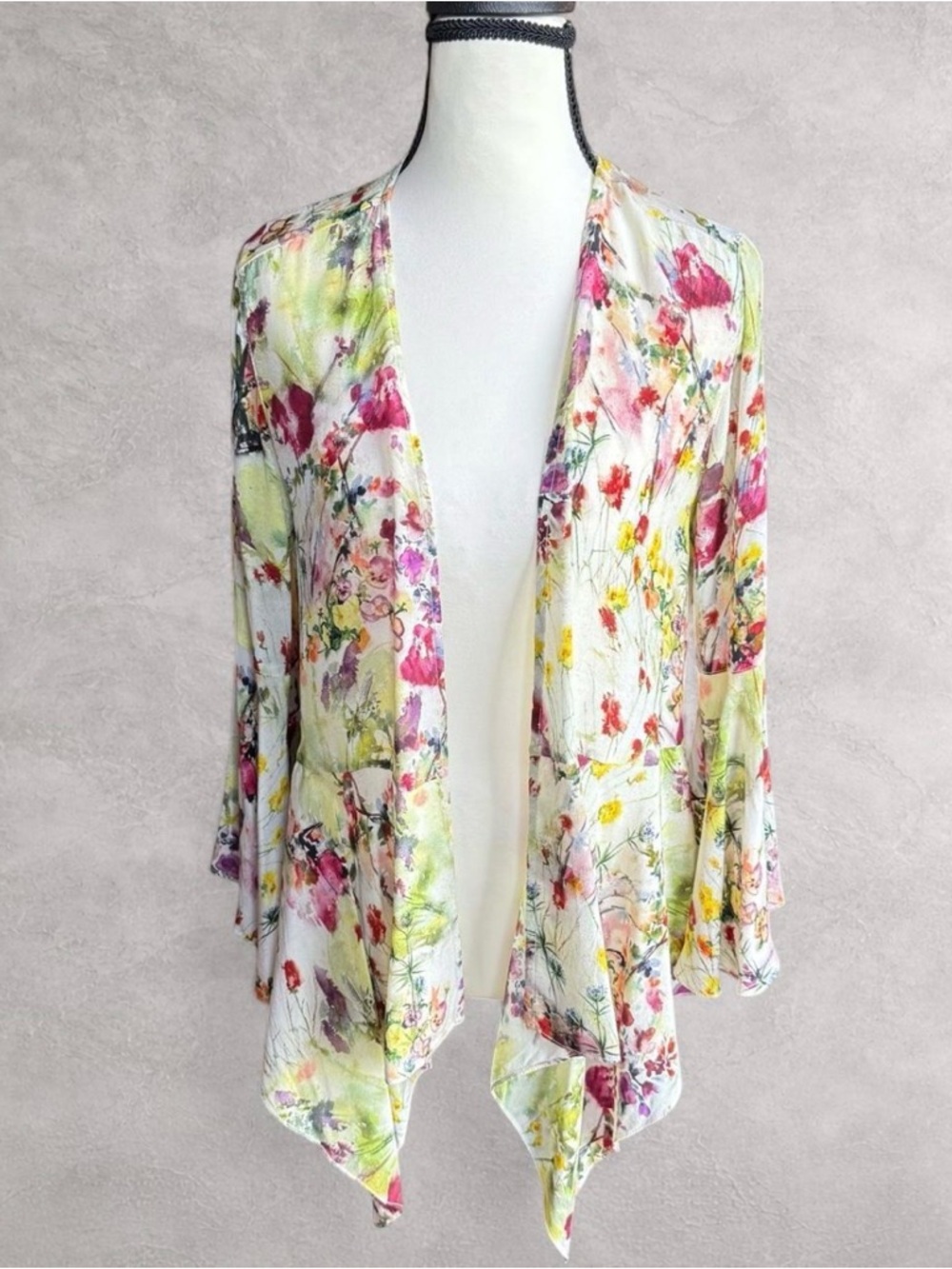 Tianello‎ Silk Floral Bell Sleeve Kimono Top Made In USA Size XS